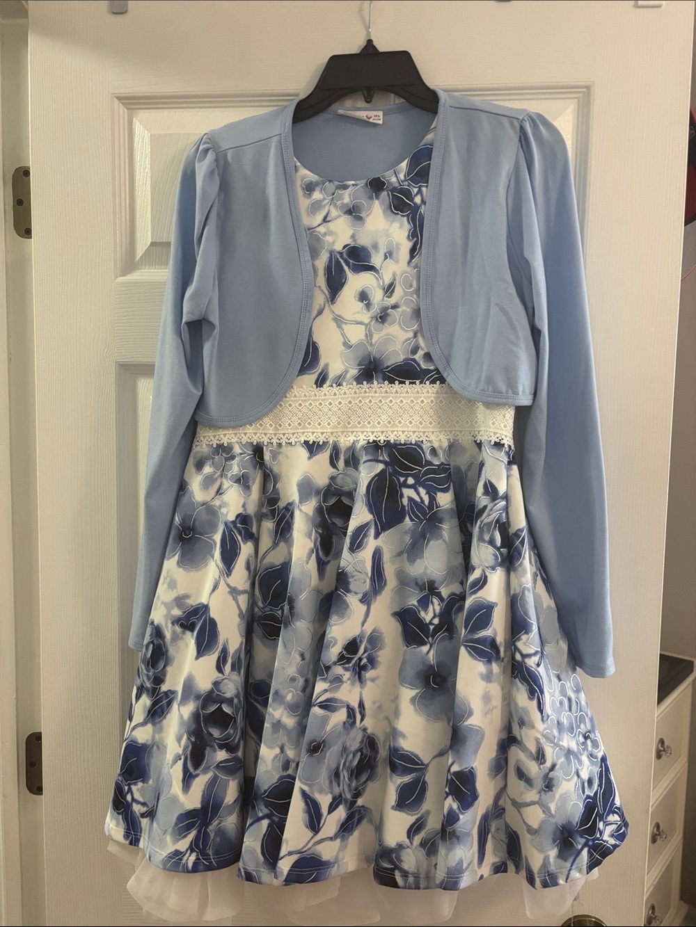 Knitworks Blue and White Floral Dress with Light Blue Bolero